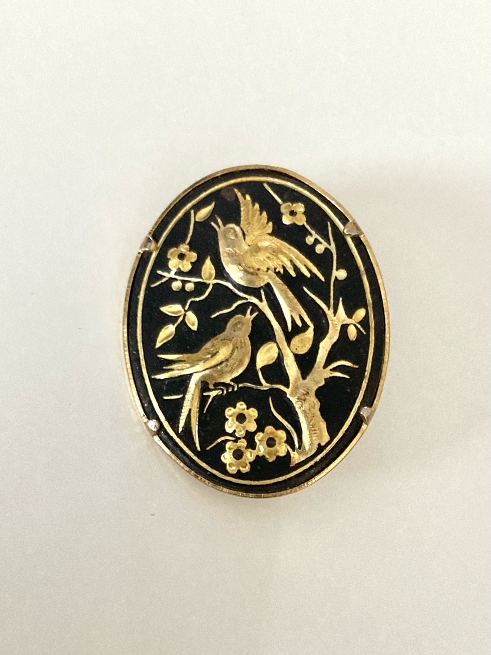Vintage Oval Damascene brooch Gold Birds Flowering branches 1.25"